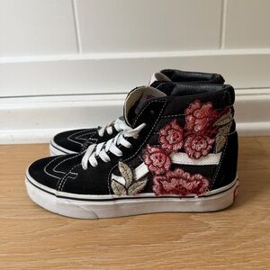 Custom Vans Women’s Black High-Top Sneakers with Pink Floral Patchwork